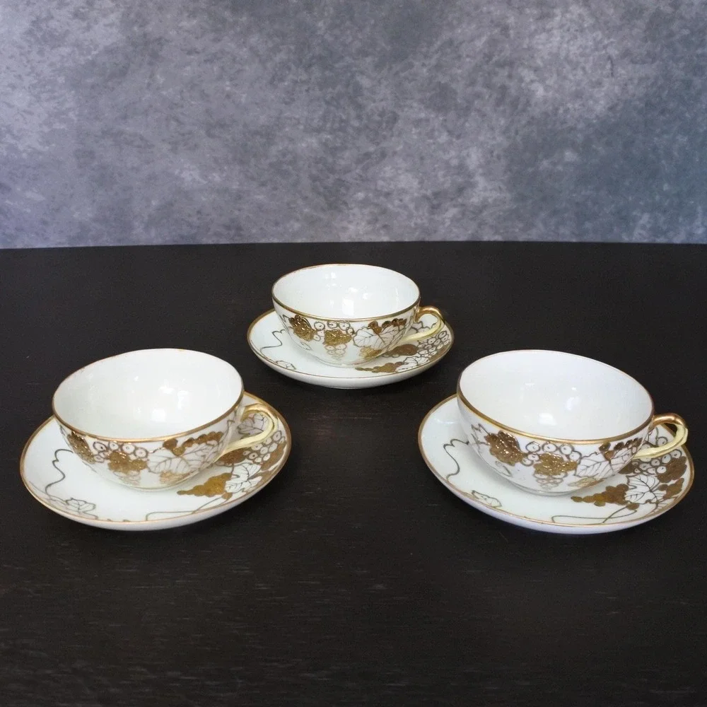 Antique Japanese T.S. Nippon Porcelain Gold Moriage Grape Leaf Tea Set